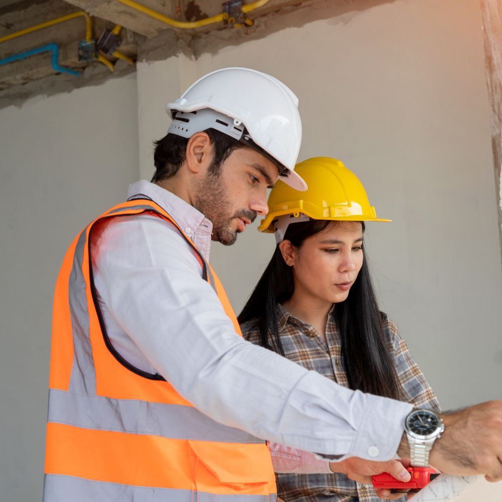 Two roofers in hard hats planning a roof replacement in beavercreek, Ohio