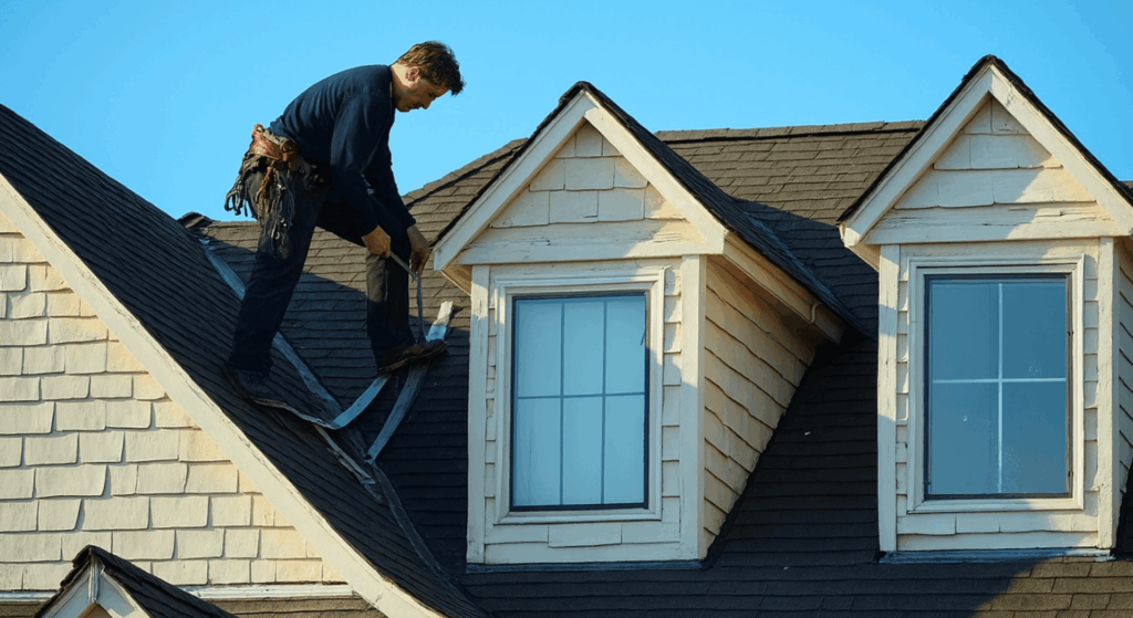 Roofer repairing roof in beavercreek ohio