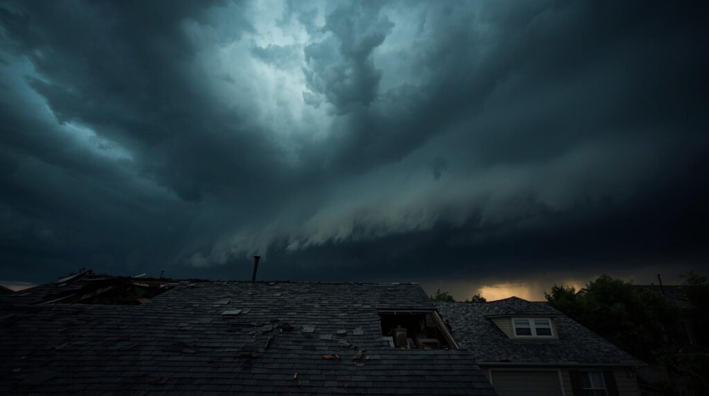 Storm in Ohio causing storm damage to a residential roof.