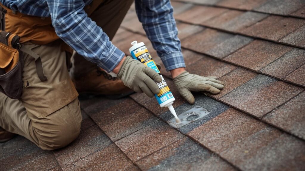 Roofer repairing a damaged shingle on roof
