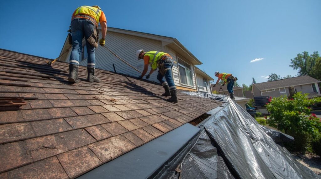 Roofers on top of residential roof doing a roof replacement
