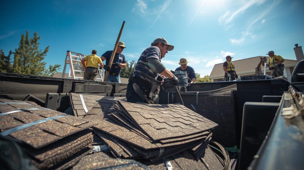 Roofers working on roof replacement, bundles of shingles in the foreground